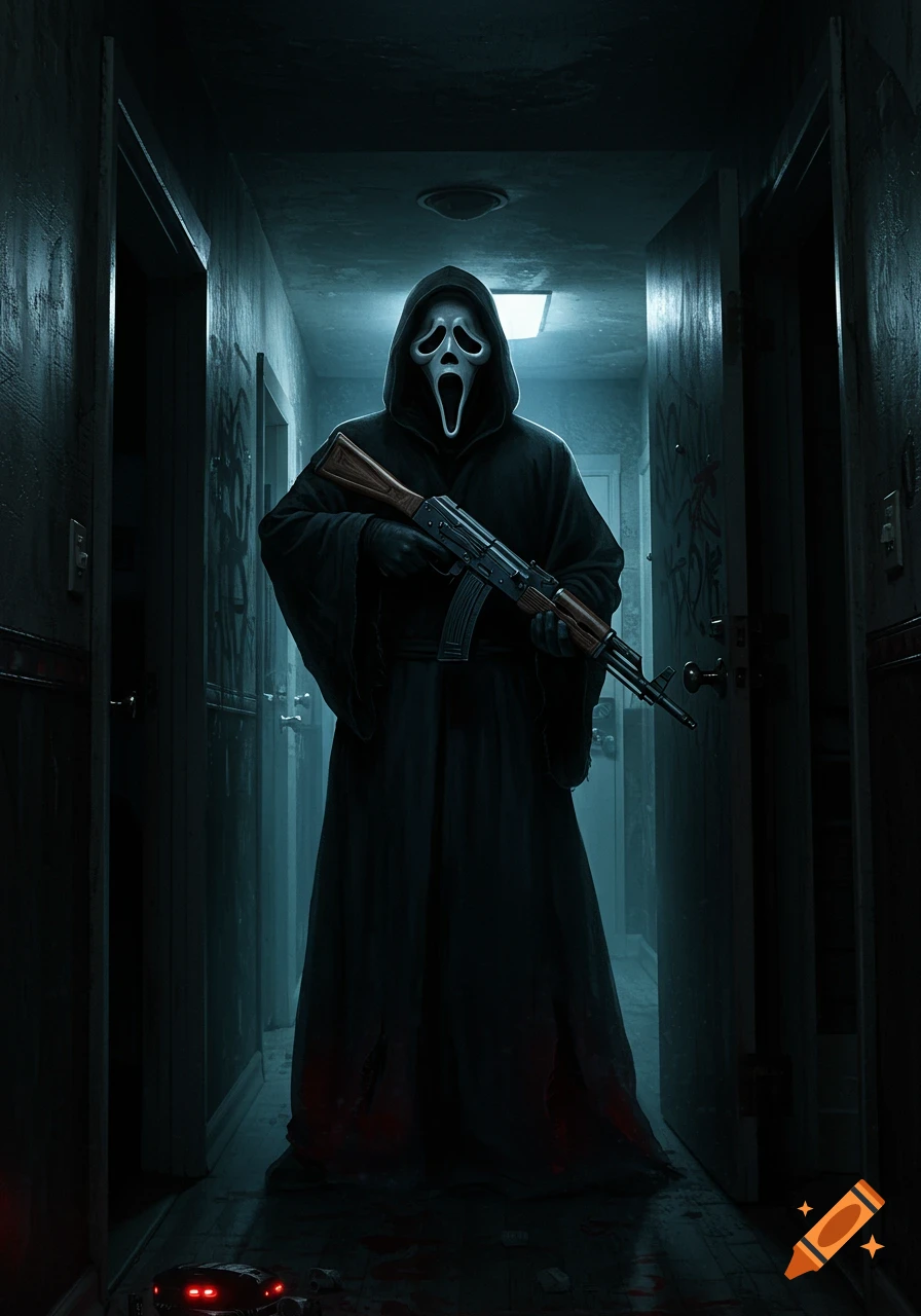 Ghostface from Scream stands in a dimly lit, grungy hallway, holding an AK-47. Blood is splattered on the floor.