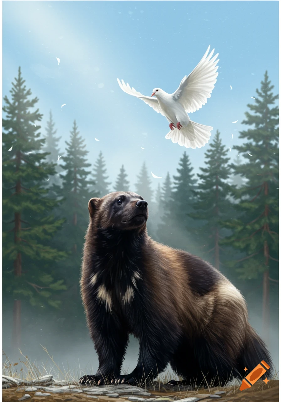 A wolverine looks up at a white dove flying above it in a forest with tall evergreen trees.