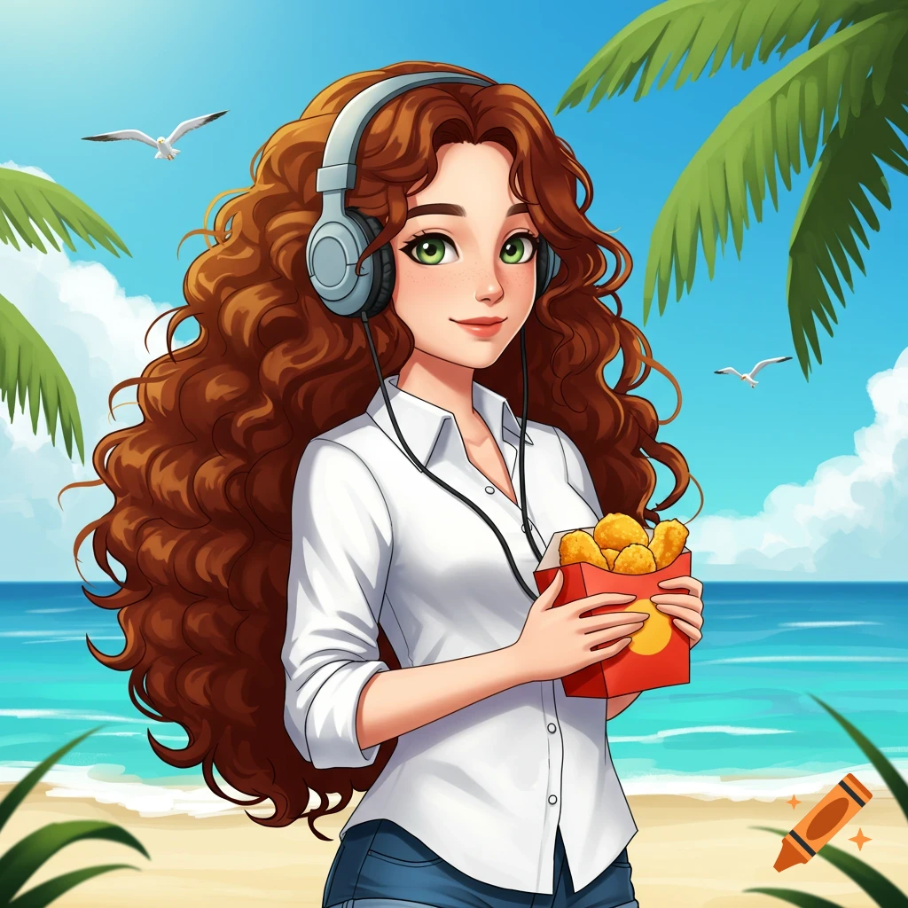 Cartoon teenage girl with curly brown hair, headphones, and a white shirt holds chicken nuggets on a sunny beach.