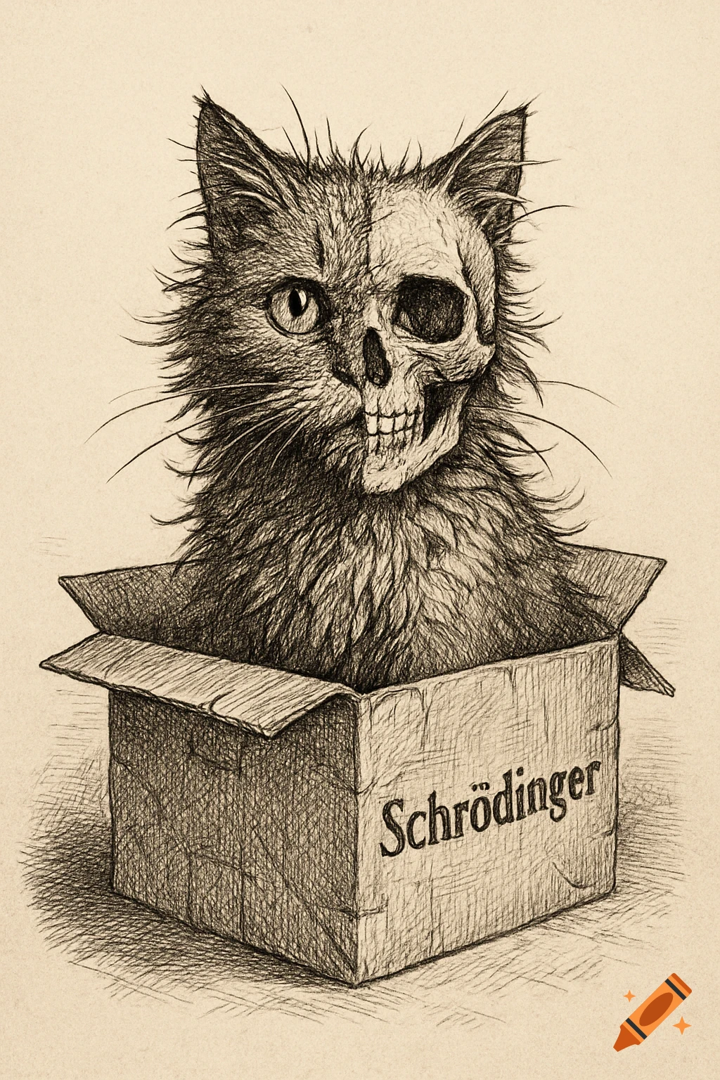 A line drawing of a scruffy cat with half its face as a skull, sitting in a cardboard box labeled "Schrödinger."