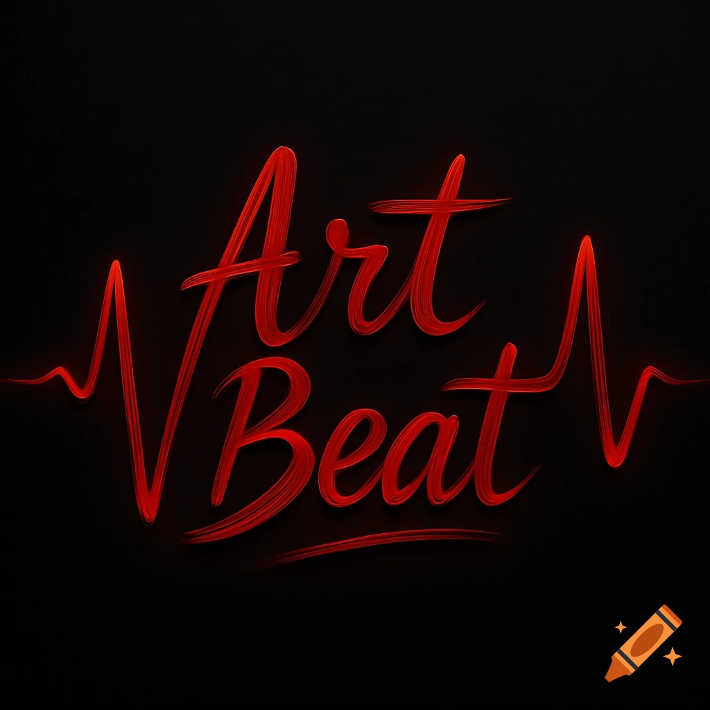 The words 'Art Beat' written in red brushstroke script with a red heartbeat line on a black background.