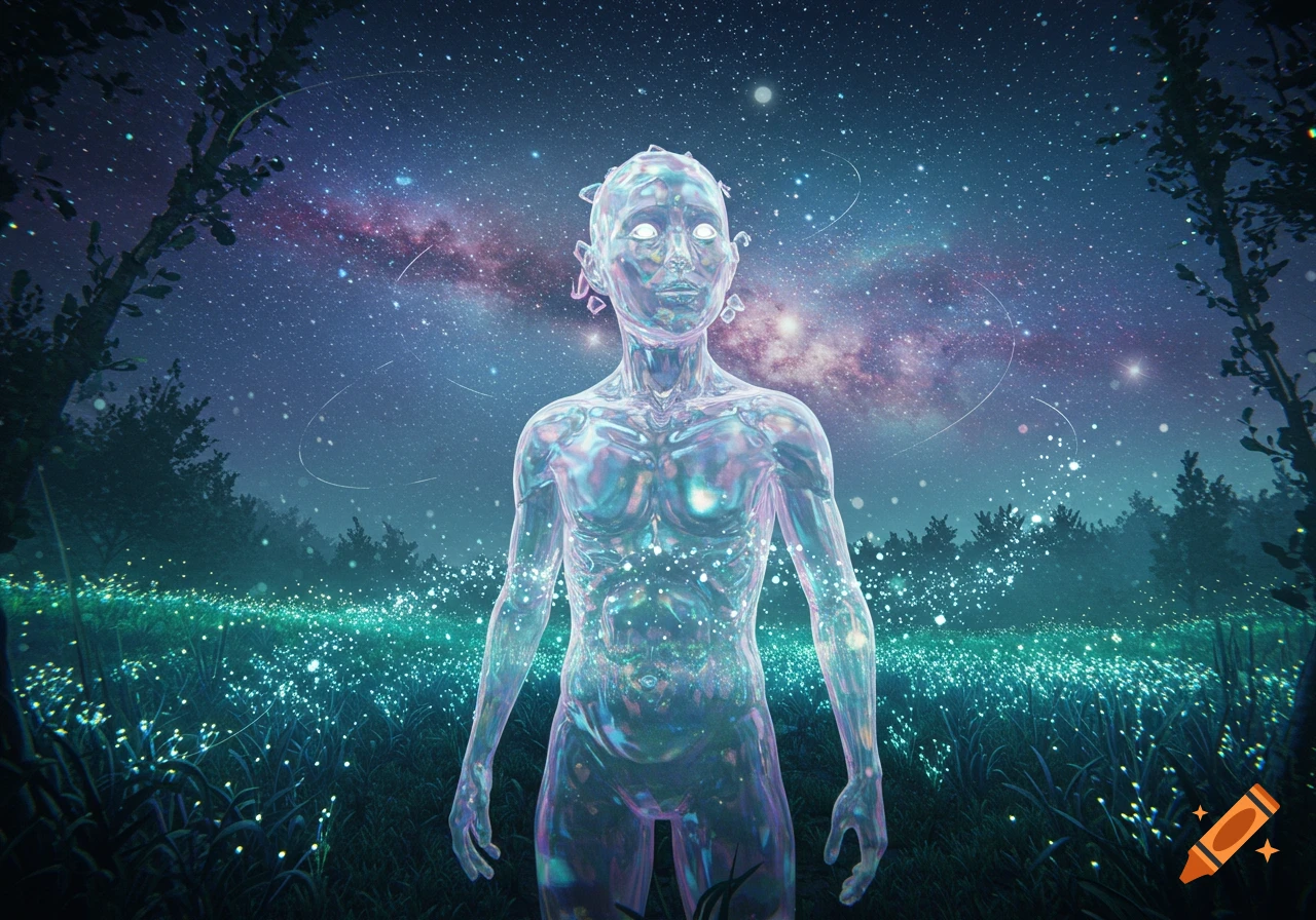 A translucent, glowing human-like figure stands in a field of luminous plants under a starry night sky with the Milky Way.