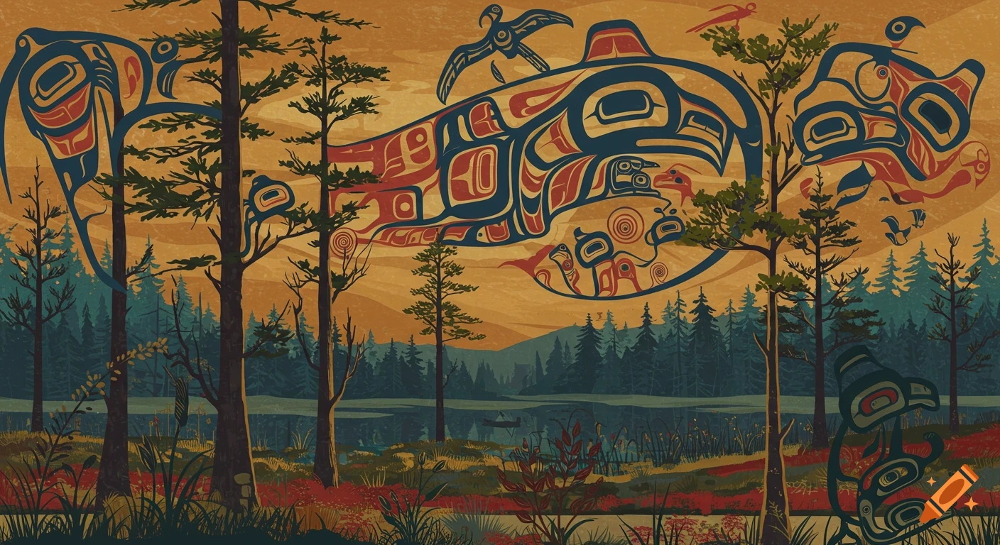 Stylized panorama of a forest and lake with large Salish art designs of animals and birds in an orange sky.