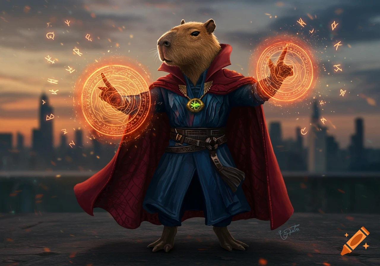 A capybara dressed as Doctor Strange stands on a rooftop, casting a spell with glowing orange magical symbols around its hands and floating in the air against a city skyline at sunset.