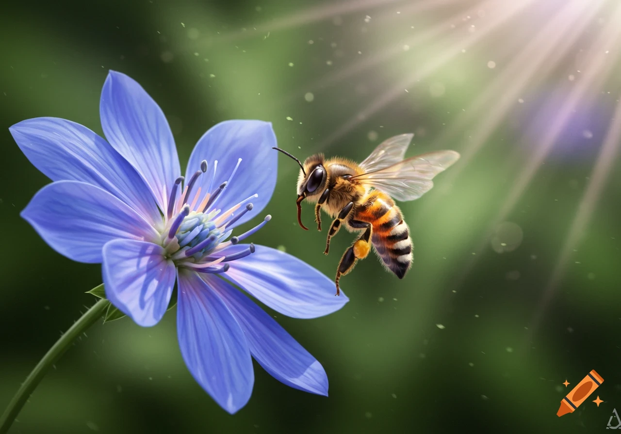 A photorealistic close-up of a honeybee with pollen sacs, hovering near a vibrant purple flower in dappled sunlight.