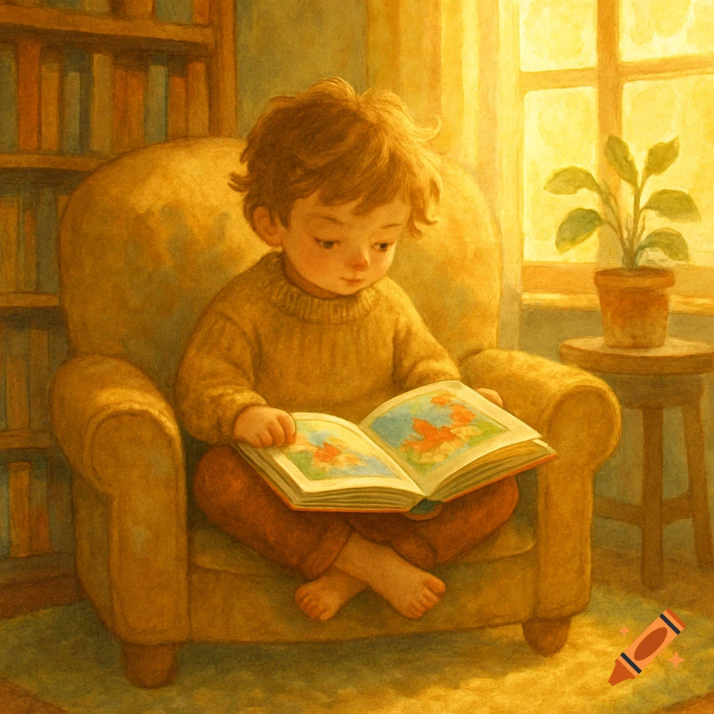 A young child with brown hair sits in a yellow armchair, intently reading a picture book in a warm, sunlit room, painted in a cozy style.