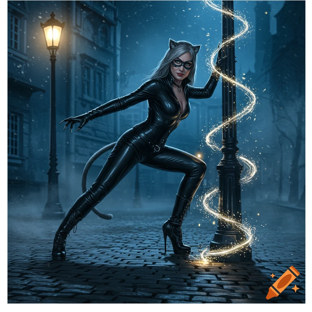 A photorealistic Catwoman in a black leather suit, mask, and cat ears crouches on a snowy city street with a glowing lamppost.
