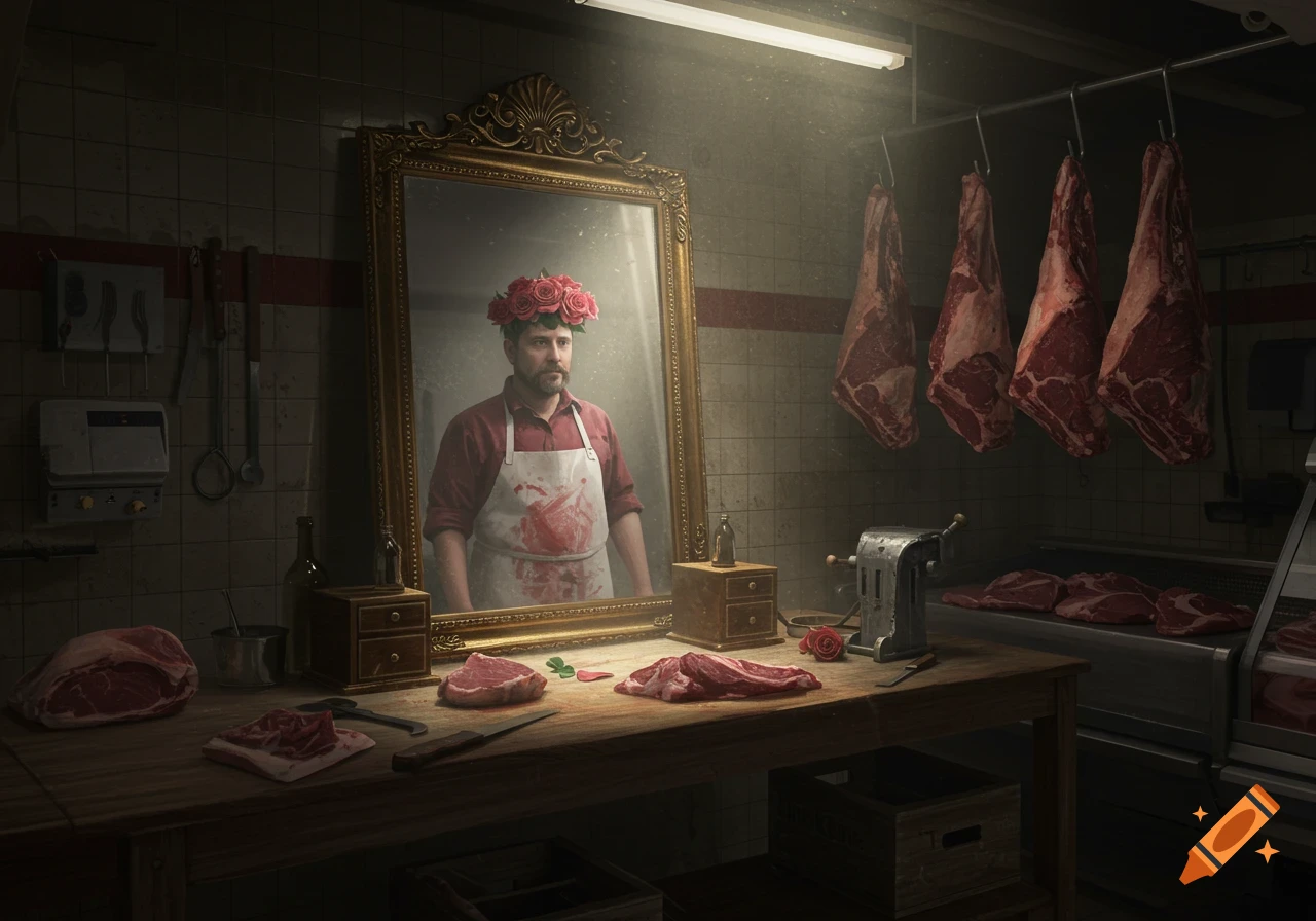 Photorealistic image of a butcher in a blood-stained apron and rose crown, reflected in an ornate mirror in a dark butcher shop with hanging meat.