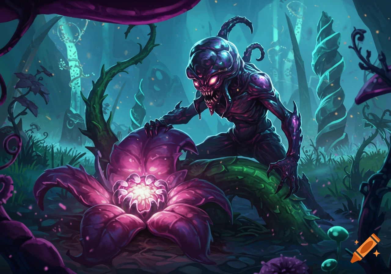 A monstrous purple alien with glowing red eyes and sharp teeth crouches over a large, bright purple glowing plant in a dark, bioluminescent alien jungle.