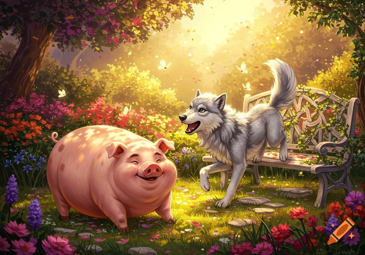 A happy cartoon pig and a friendly wolf playing in a vibrant, colorful garden filled with flowers, trees, and butterflies.