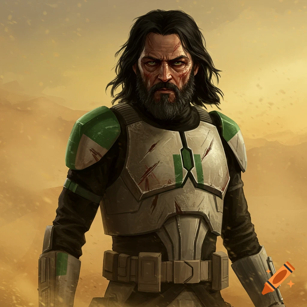 A stern Star Wars commando with long dark hair, grizzly beard, and facial scars, wearing weathered grey and green armor against a desert background.