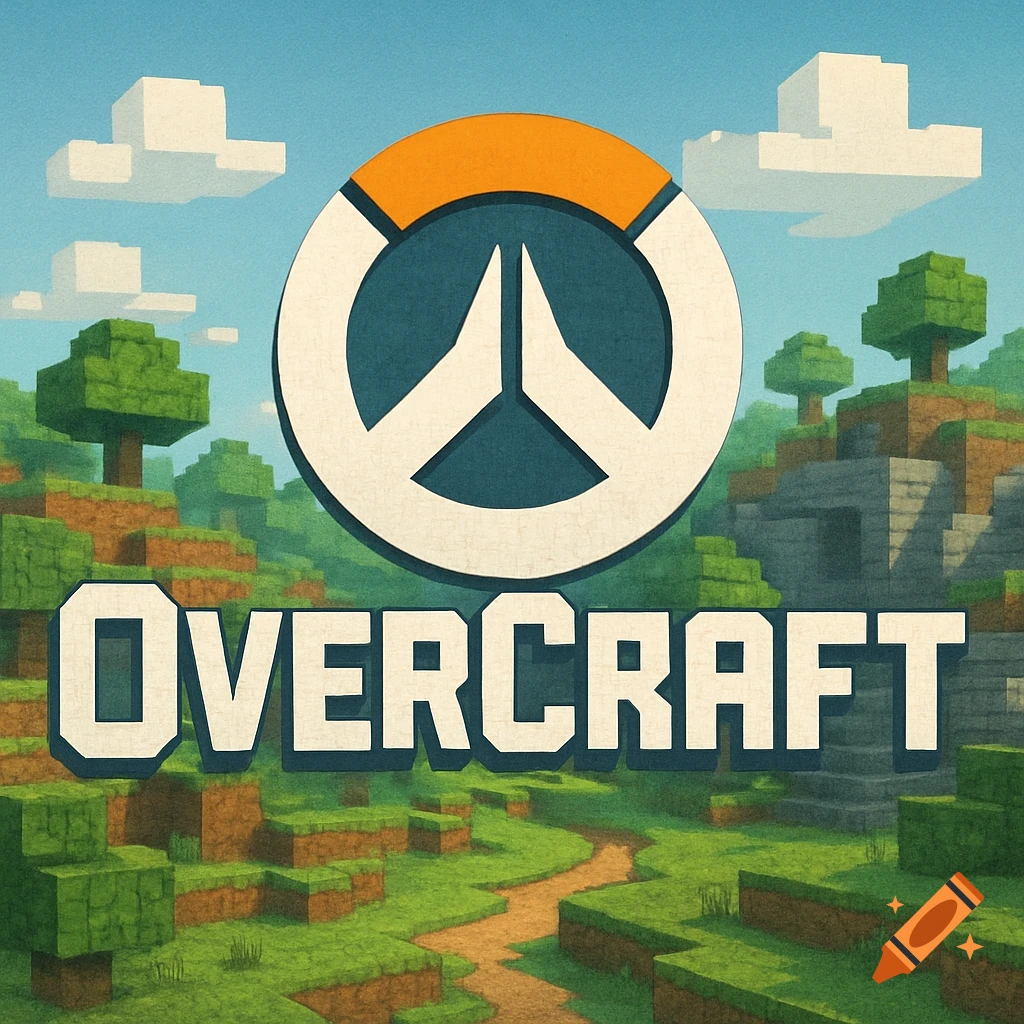Minecraft-style landscape with 'OVERCRAFT' title, featuring the Overwatch logo as the 'O'.