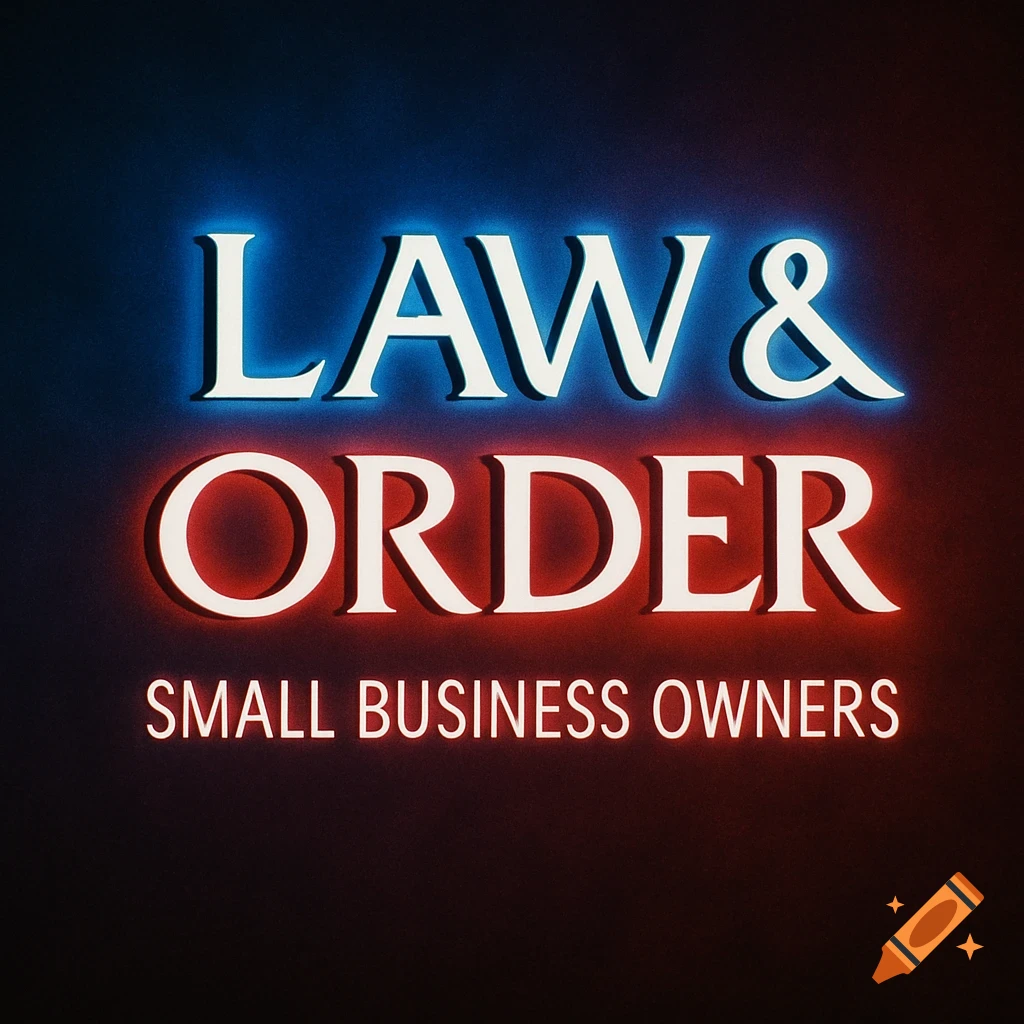 A neon sign displaying "LAW & ORDER" with a blue glow and "SMALL BUSINESS OWNERS" with a red glow against a dark background.
