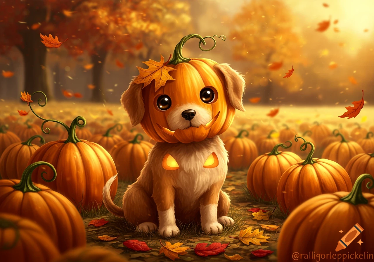 A cute puppy in a pumpkin costume sits in a pumpkin patch surrounded by autumn leaves, digital illustration.