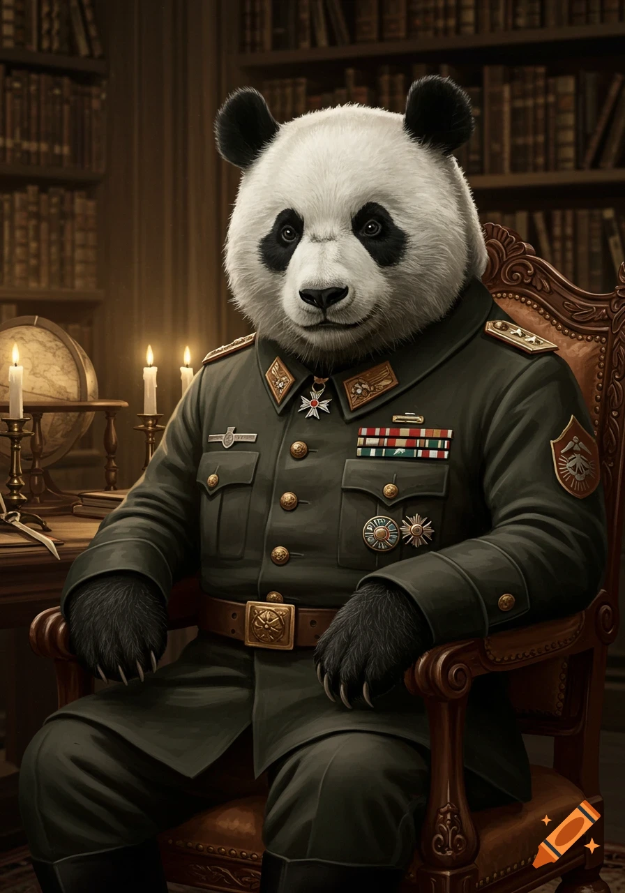A panda dressed as a military officer sits in a large wooden chair in a study with bookshelves and candles, in a photorealistic style.