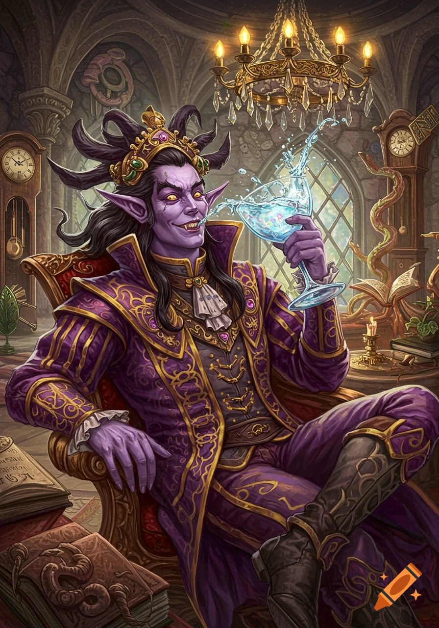 A smiling, purple-skinned fantasy character with horns and fangs, dressed in ornate purple robes, lounges in a gothic room holding a splashing drink.