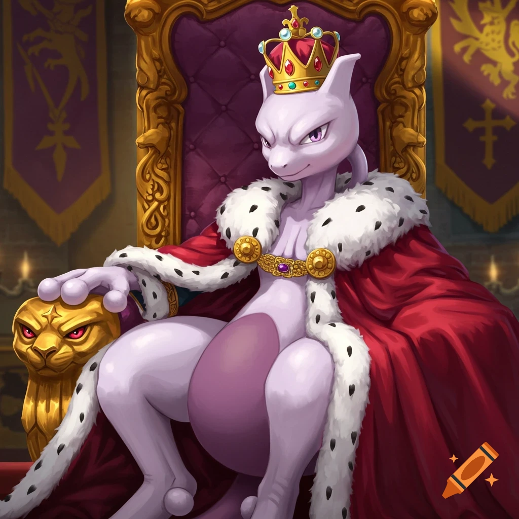 Mewtwo from Pokmon, dressed as a king, sits on a throne wearing a crown and royal robe with a smug expression.