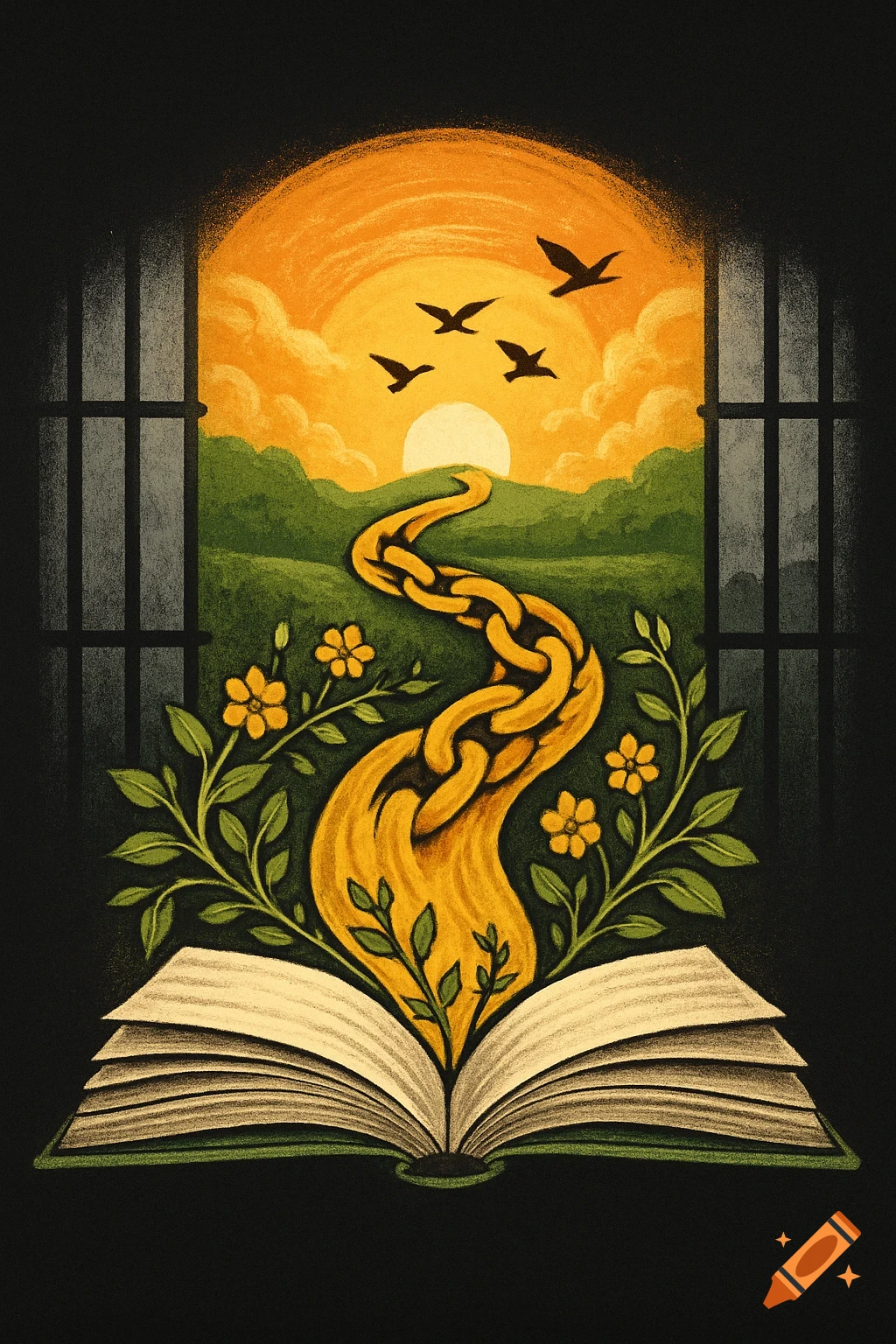 An open book with a golden chain path leading to a sunrise landscape with birds, viewed through a barred window. Illustrative style.