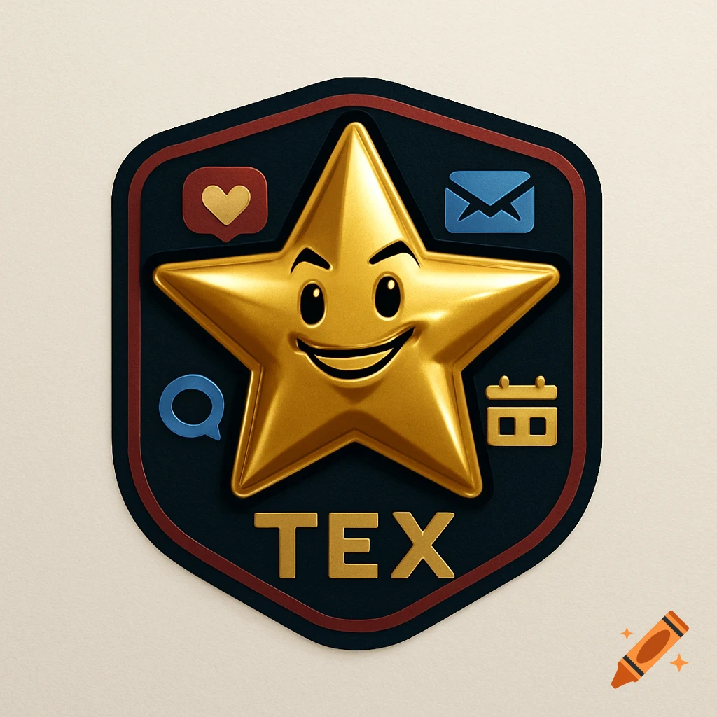 A modern 3D rendered badge logo featuring a smiling golden star mascot named Tex, surrounded by icons.