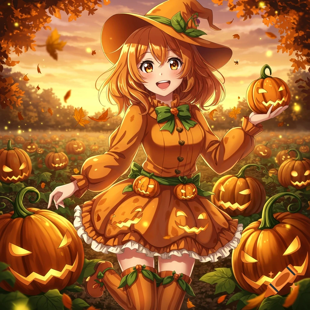 Anime girl in a pumpkin costume and witch hat smiling in an autumn pumpkin patch at sunset, holding a jack-o'-lantern.