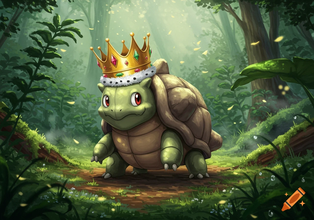 A cute green turtle Pokemon wearing a golden crown stands in a lush, sunlit forest in a cartoon style.