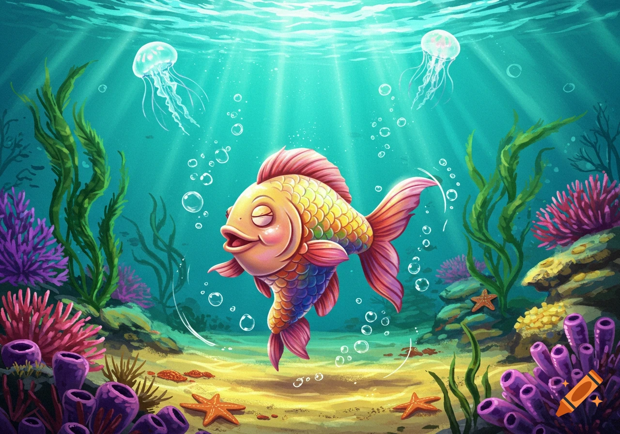 A vibrant, smiling cartoon fish with rainbow scales swims in a colorful underwater scene with coral, seaweed, and jellyfish.