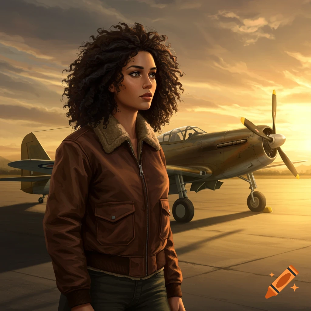 A photorealistic image of a woman with curly black hair in a bomber jacket, standing on an airfield next to an airplane at sunset.