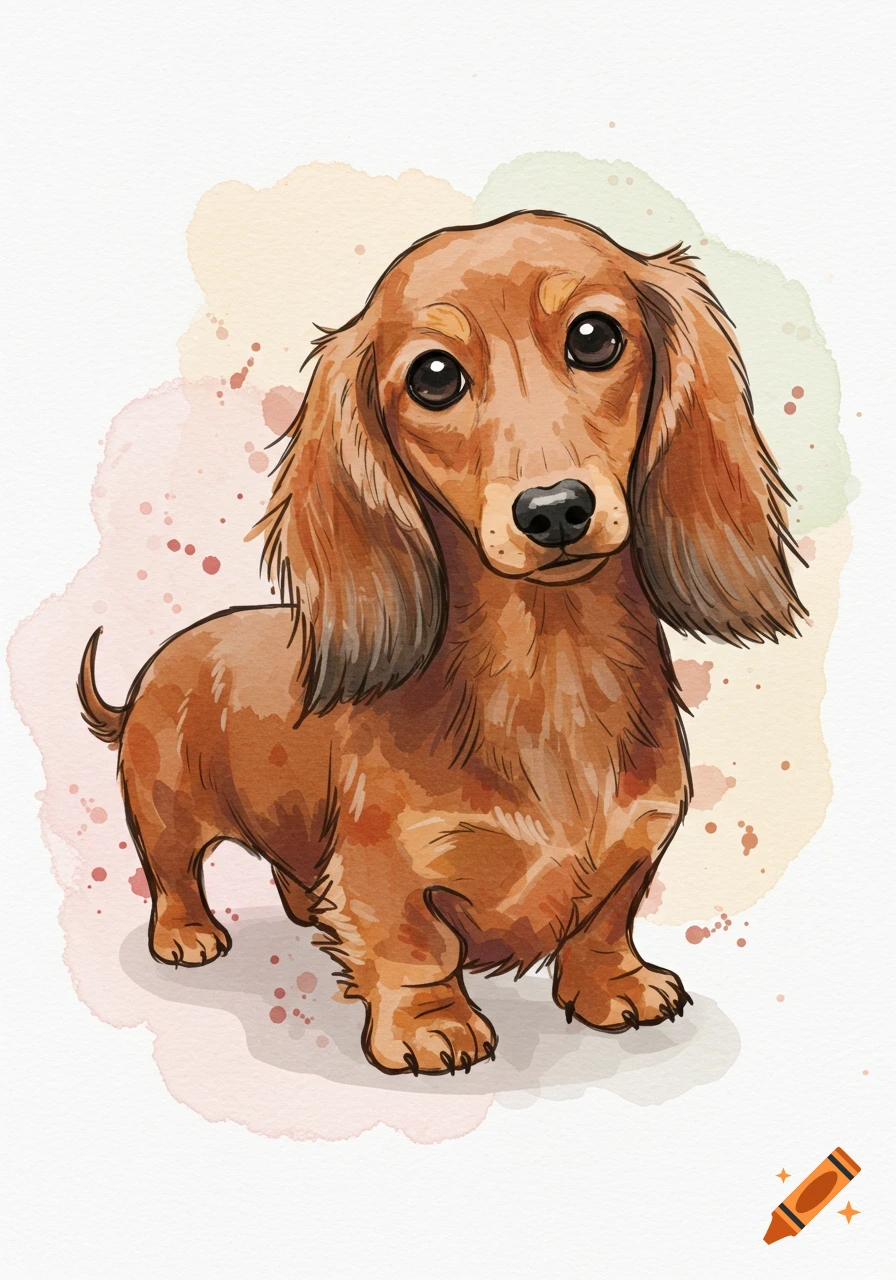 A cute brown long-haired dachshund puppy in a watercolor illustration style with pastel background splashes.
