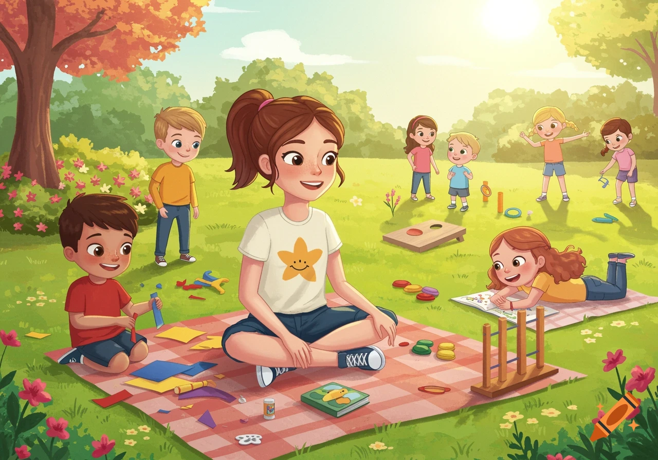 Cheerful cartoon illustration of a teen babysitter and kids playing games and doing crafts on a picnic blanket in a sunny park.