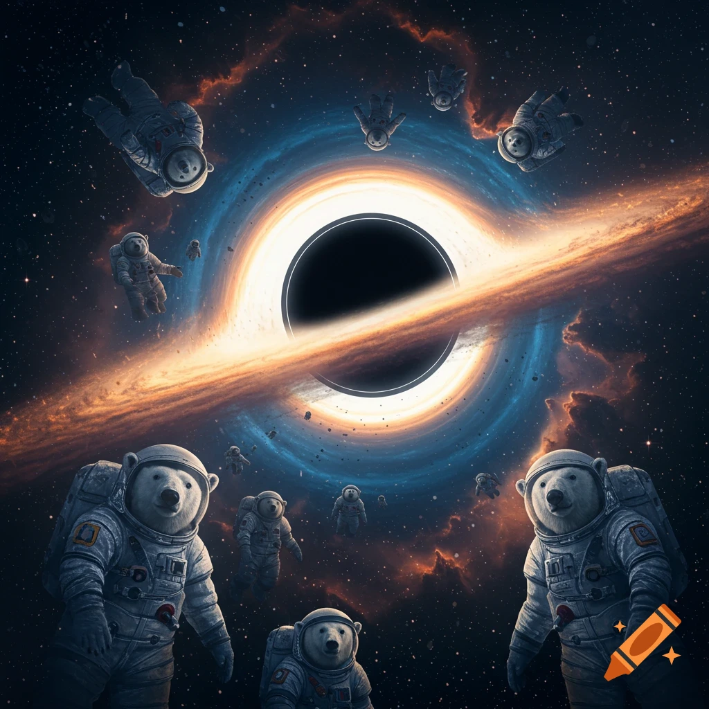 Polar bear astronauts in space being pulled towards a luminous black hole, surrounded by stars and nebulae.