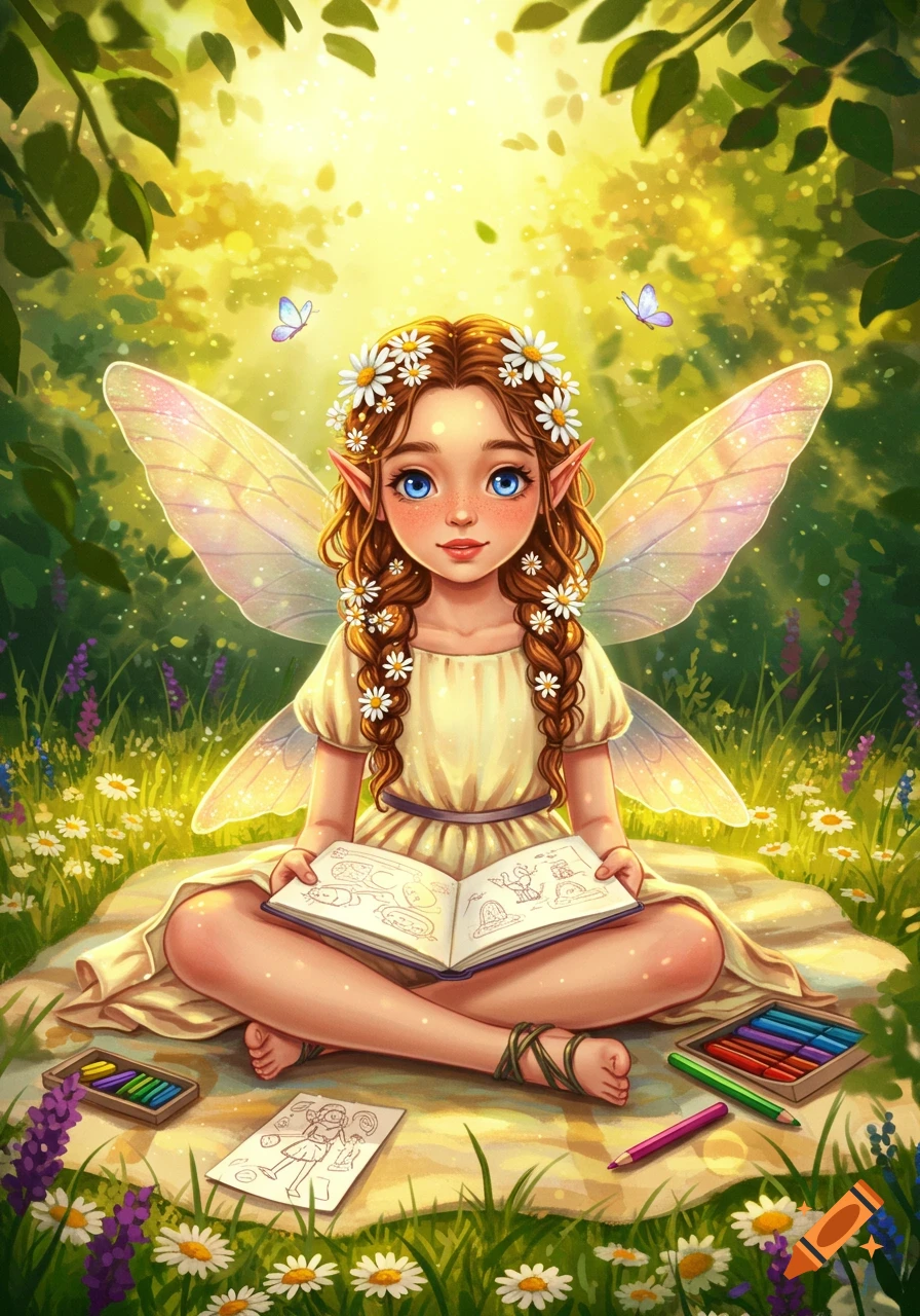 Whimsical fairy girl with braided hair and daisy crown drawing in a sketchbook in a sunny forest clearing with flowers.