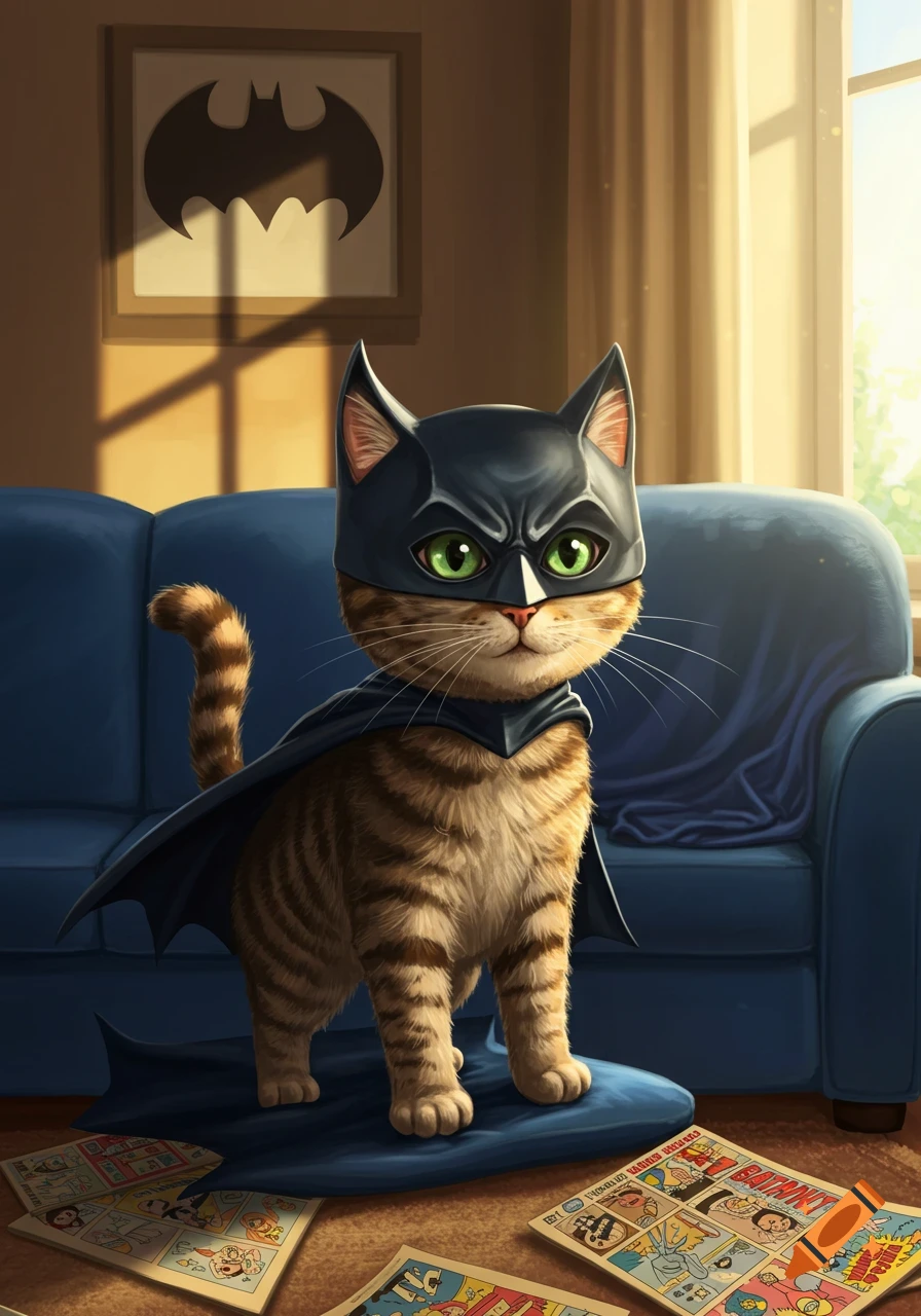 A cute tabby cat wearing a Batman mask and cape stands in a living room with comic books on the floor.
