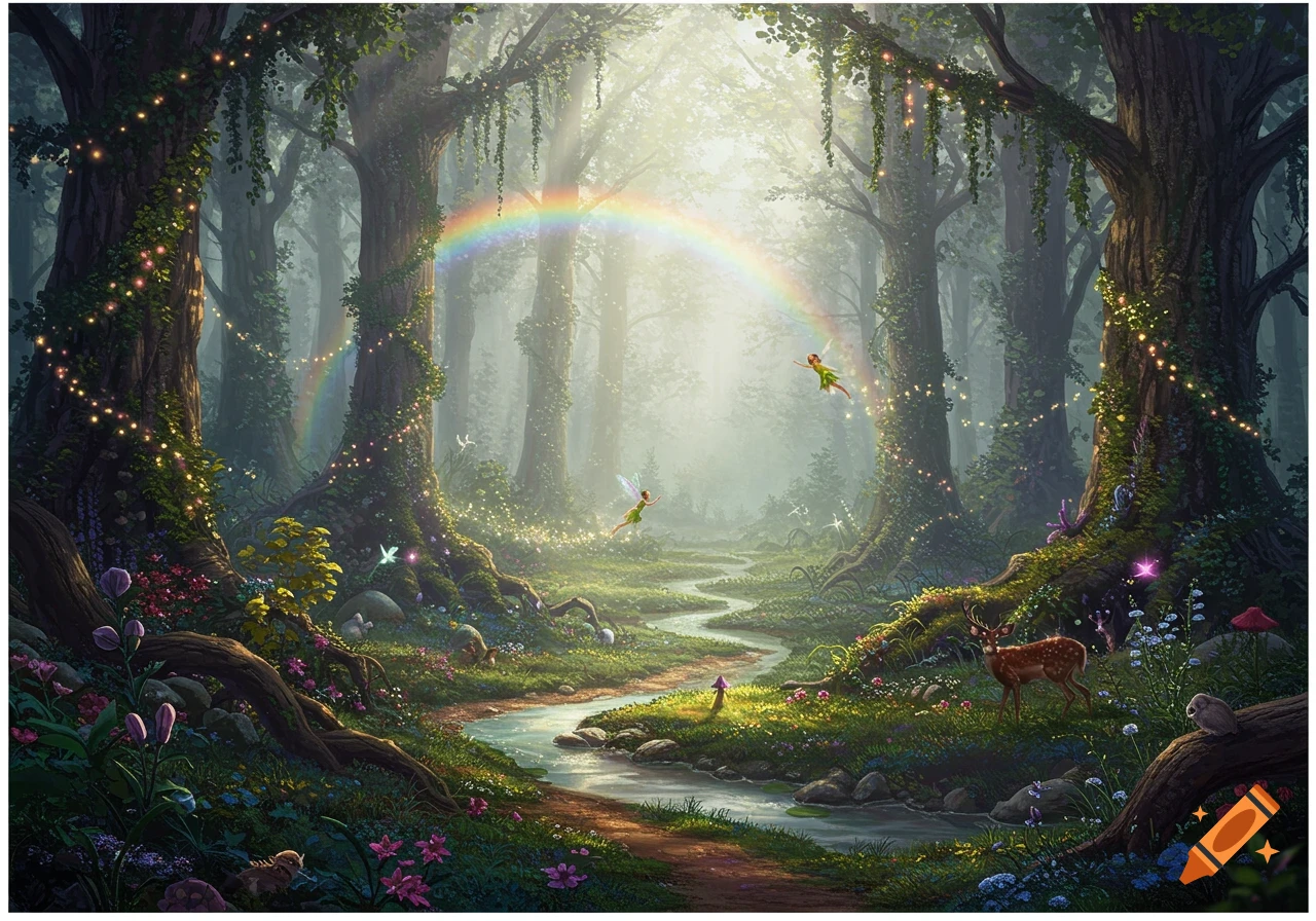 Magical fantasy forest with sunlight breaking through, a rainbow, glowing fairy lights, two fairies flying, a deer, and a winding stream.