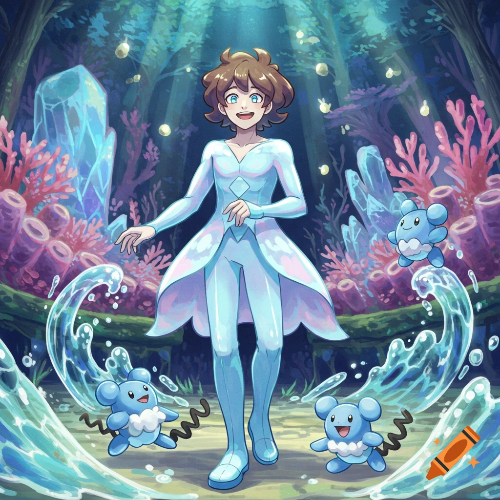 Anime male Pokemon gym leader in light blue, surrounded by splashing water and three Marill/Azumarill in an ethereal underwater landscape.