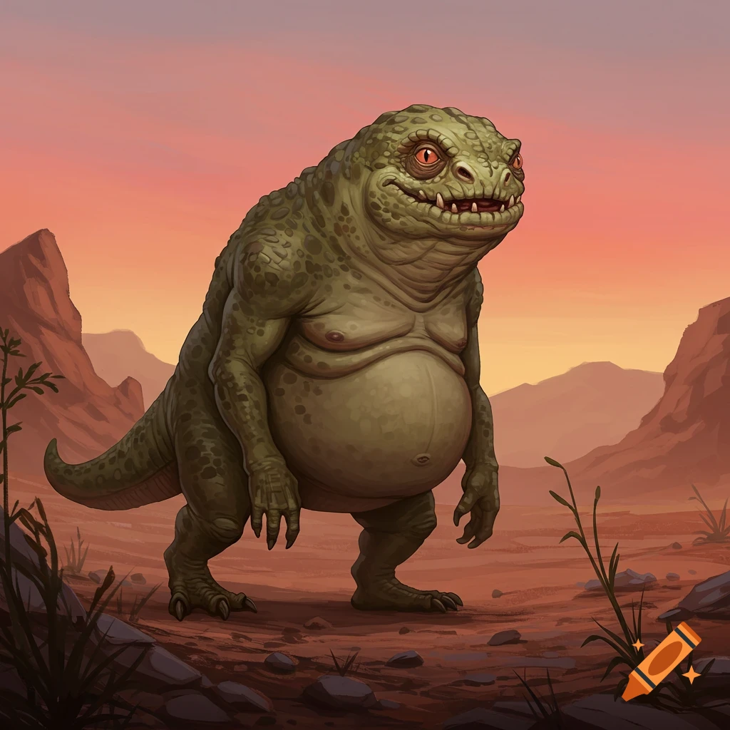 A green, scaly, bipedal reptilian creature with a fat belly and beady red eyes stands in a desert landscape at sunset.
