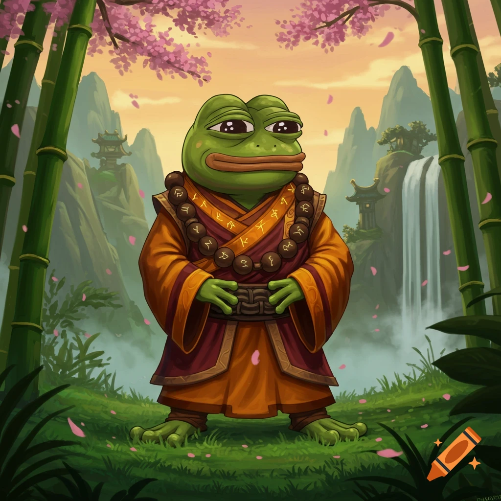 Pepe the Frog as a monk in orange robes with prayer beads, standing in a serene bamboo forest with mountains and a waterfall.