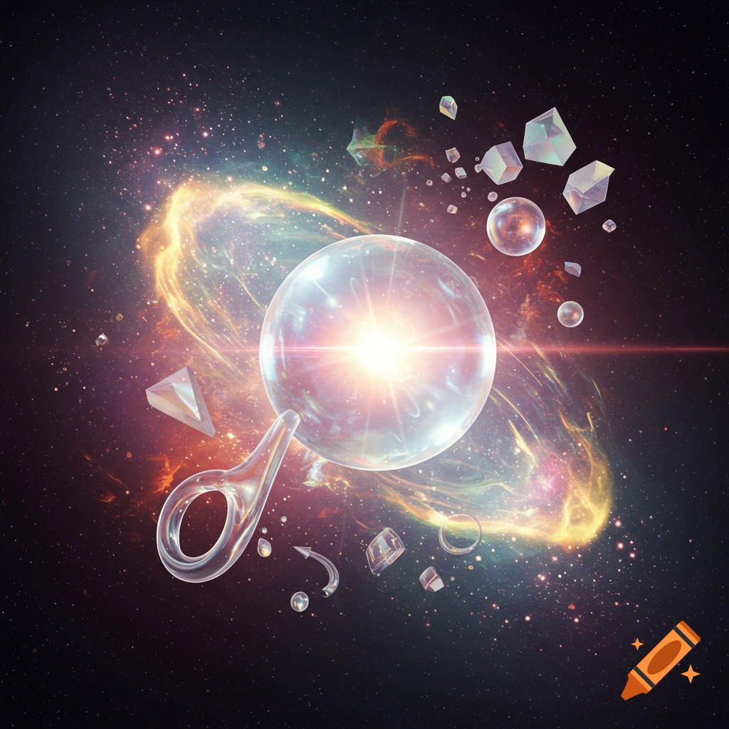 A luminous, clear sphere with a glass-like handle floats amidst a vibrant cosmic nebula and sparkling geometric crystals in a starry dark sky.