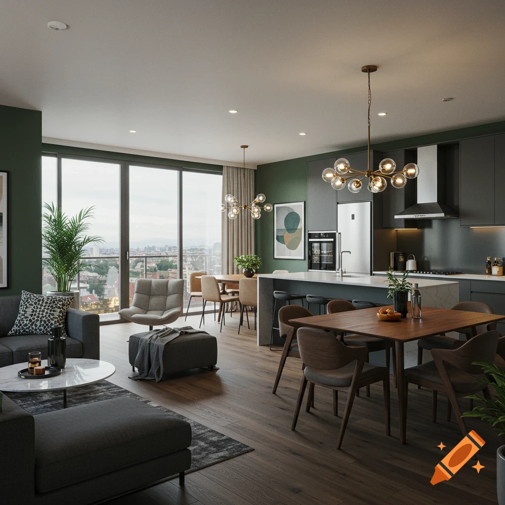 A modern open-plan living room, kitchen, and dining space with dark green walls, dark wood floors, and large windows looking out to a city.
