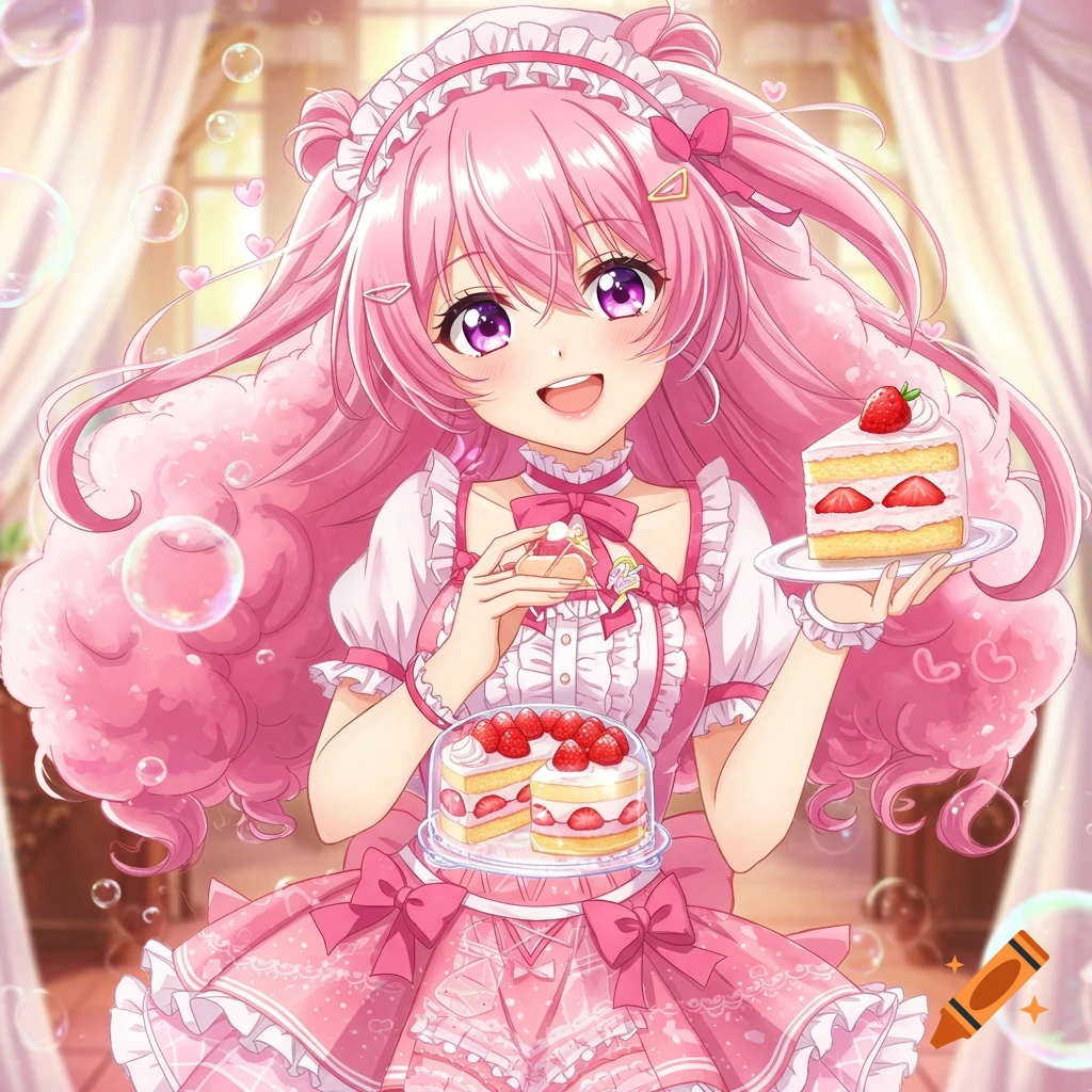 A smiling anime girl with long pink hair and a frilly pink dress holds a slice of strawberry cake and a small pastry, with another strawberry cake in the foreground.
