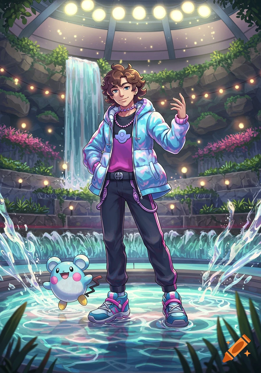 A confident young man with curly brown hair in a bright puffer jacket stands with a Marill Pok mon in an illuminated grotto with a waterfall, in an anime style.
