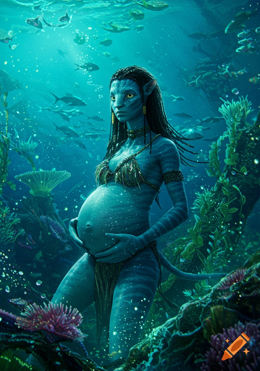 Photorealistic image of heavily pregnant Ronal from Avatar, a blue Na'vi woman, standing underwater, cradling her belly.
