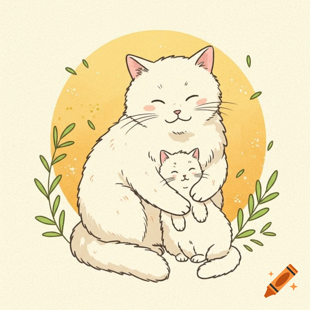 Cute illustration of a fluffy white mother cat hugging her kitten, with a yellow sun and green leaves in a minimalist style.