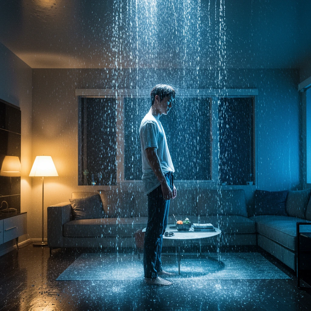 A young man stands barefoot indoors under a shower of rain, illuminated by blue and warm lighting, in a living room.