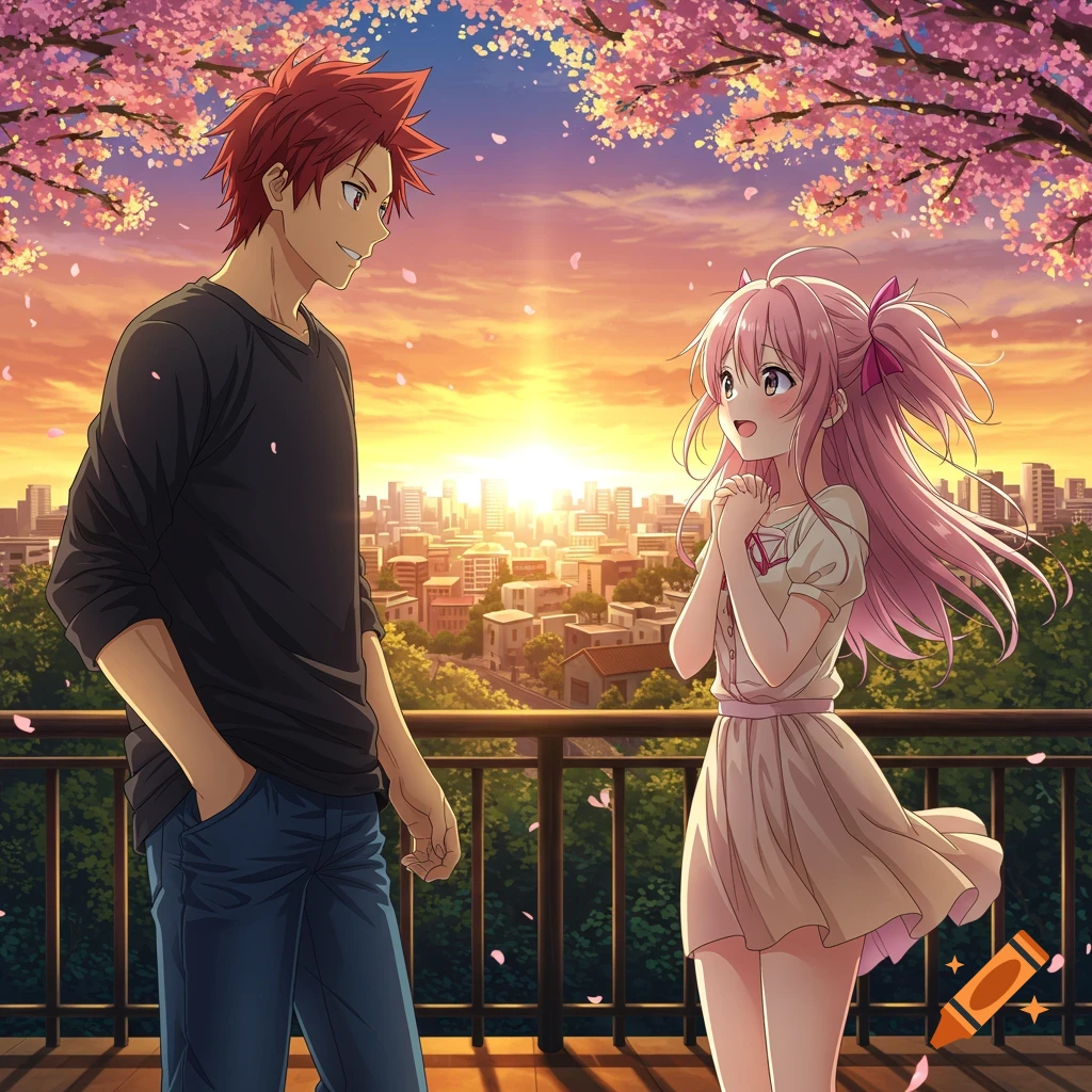 Anime couple on a balcony at sunset, surrounded by cherry blossoms, with a city skyline in the background.