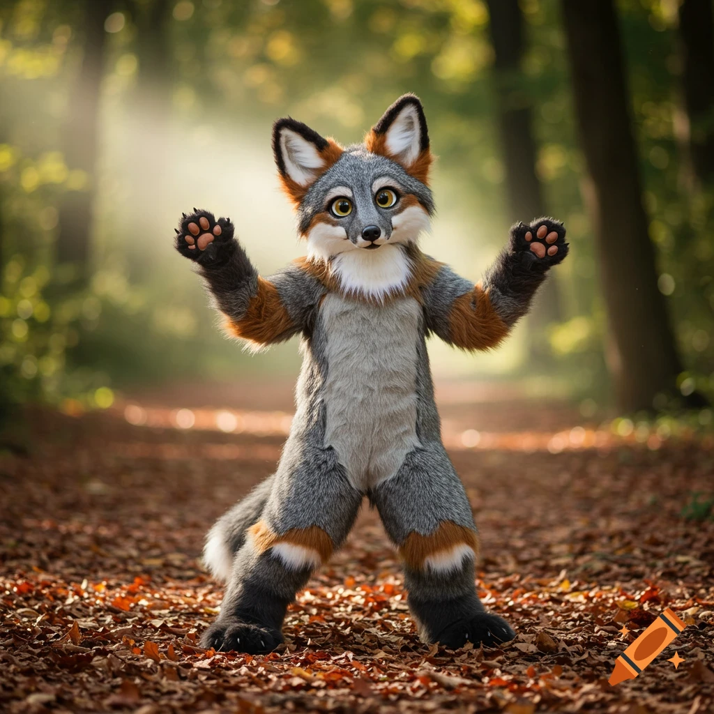 Photorealistic gray fox fursuit stands on a leaf-covered forest path with arms raised.