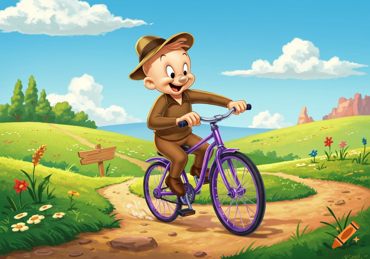 Elmer Fudd happily rides a purple bicycle on a dirt path through a sunny green field with hills and blue sky, in a vibrant cartoon style.