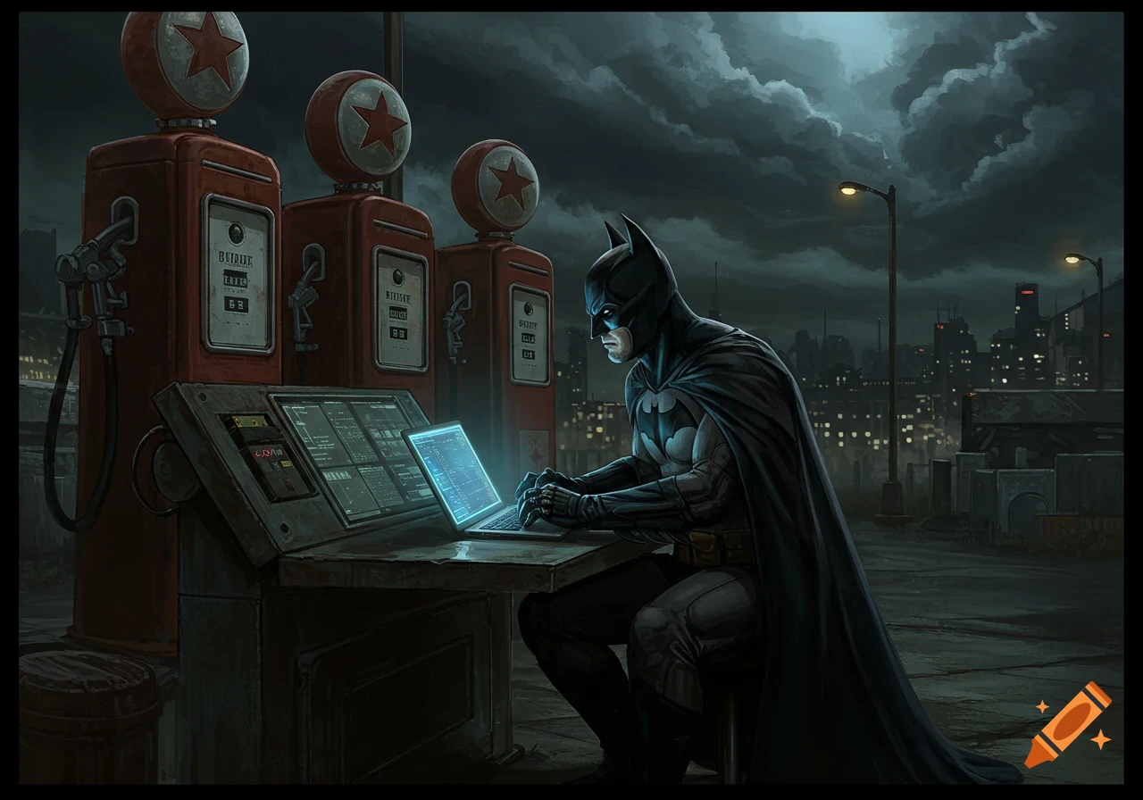 Batman sits at a desk with a laptop and control panel, backlit by a gas station and dark city skyline at night in a comic book art style.