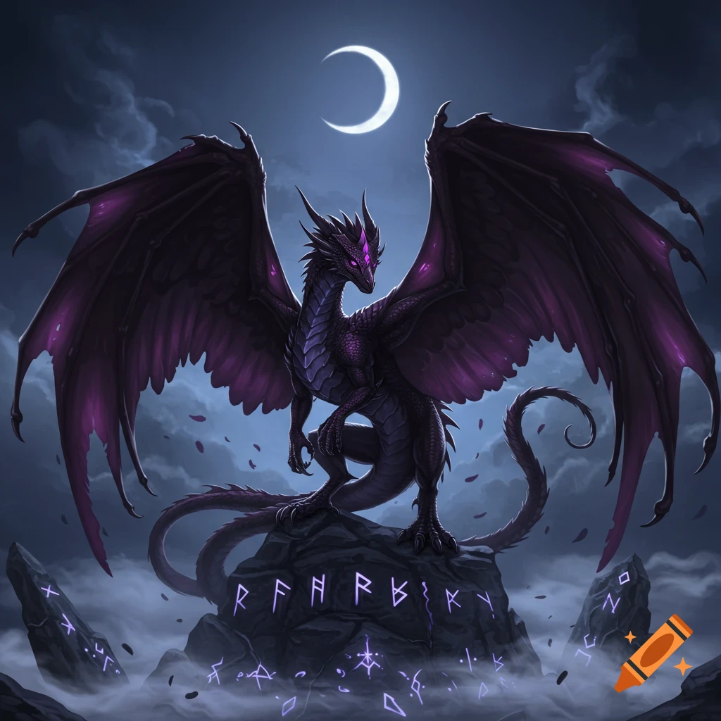 Dark purple dragon with large wings and glowing eyes standing on a rock with glowing runes, under a crescent moon in a cloudy night sky.