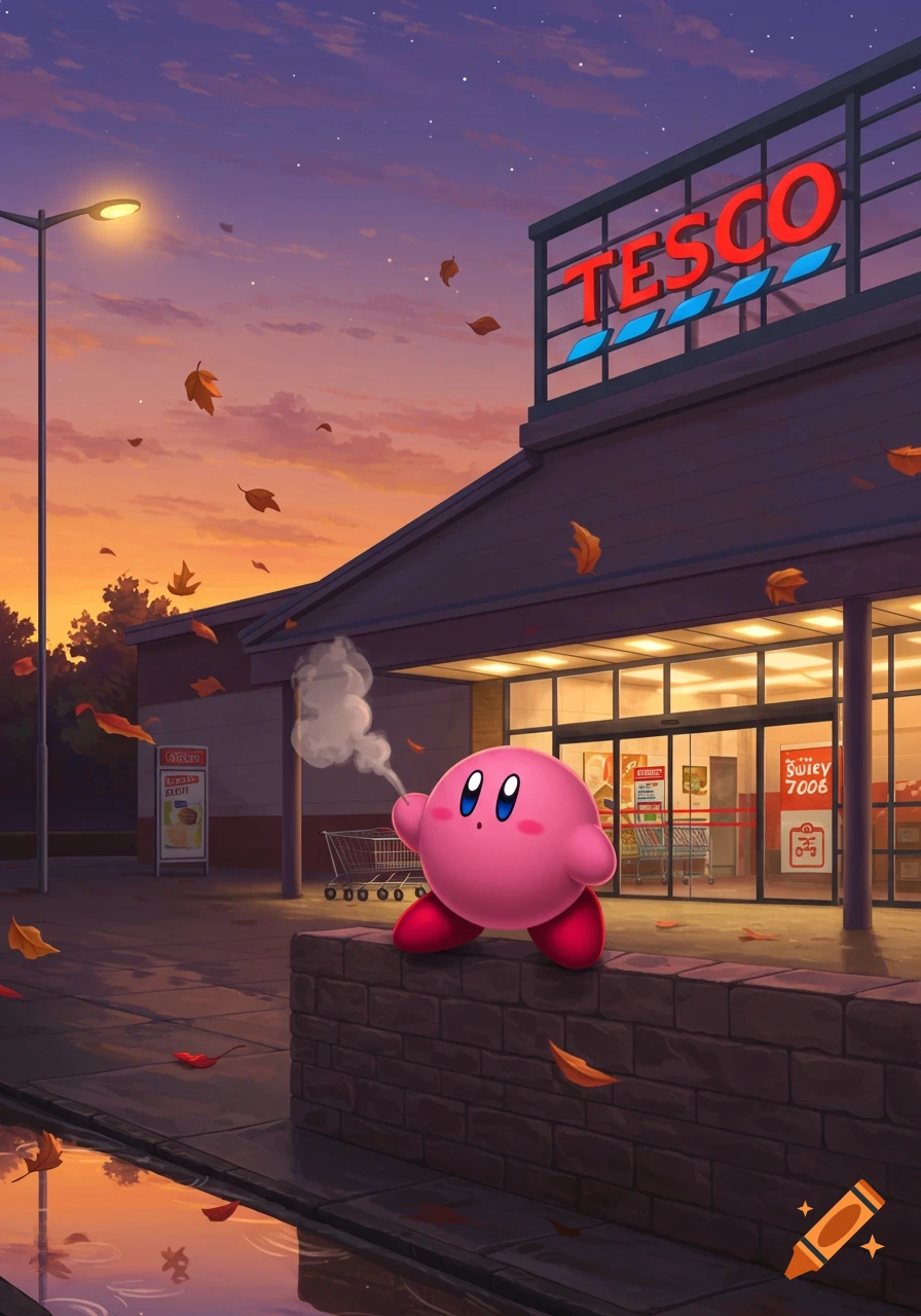 Kirby, a pink spherical character, stands on a brick wall, exhaling a puff of smoke outside a Tesco supermarket during an autumn sunset with falling leaves.