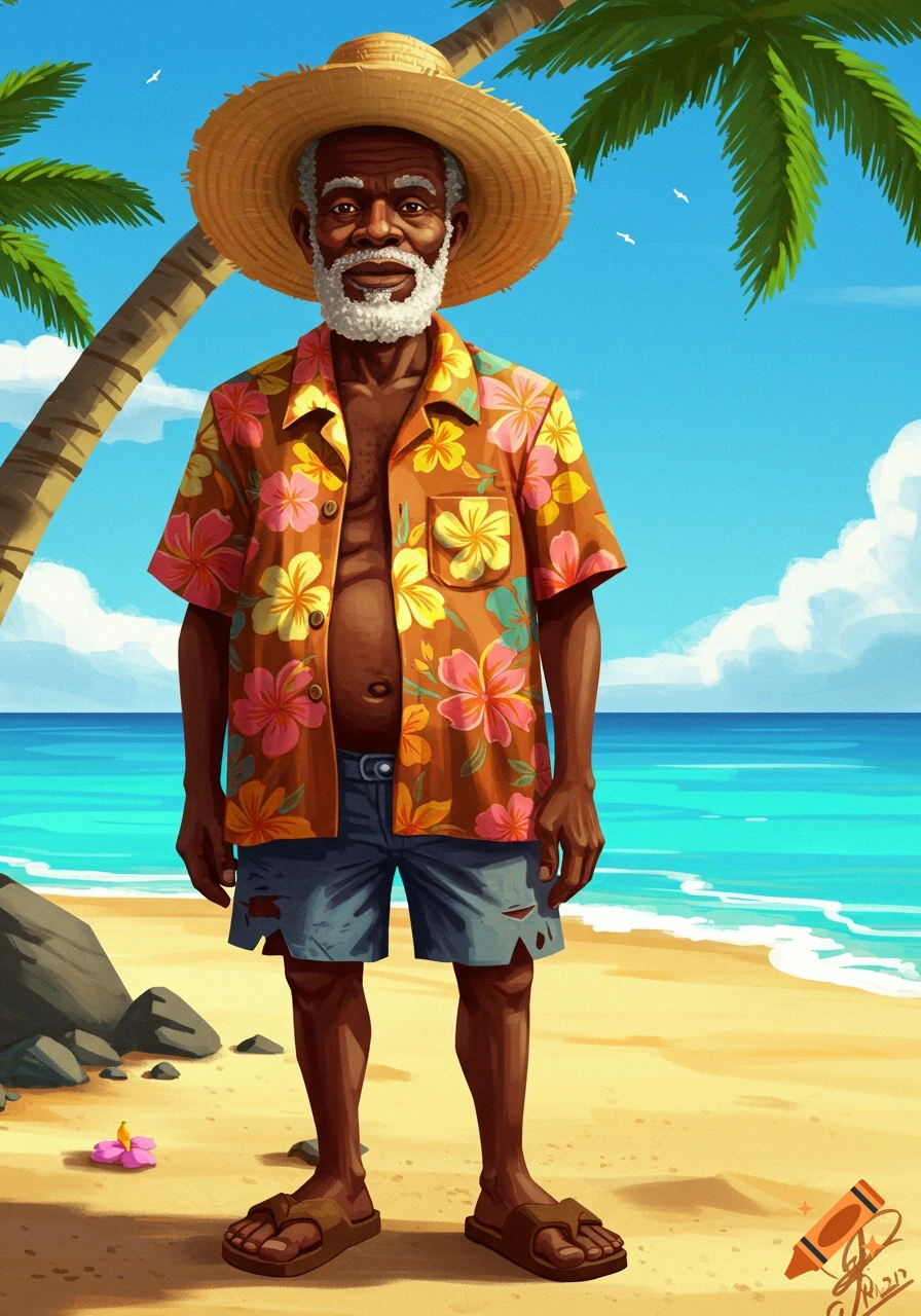Illustration of an old Black man with a white beard, straw hat, Hawaiian shirt, shorts, and sandals on a sunny beach.